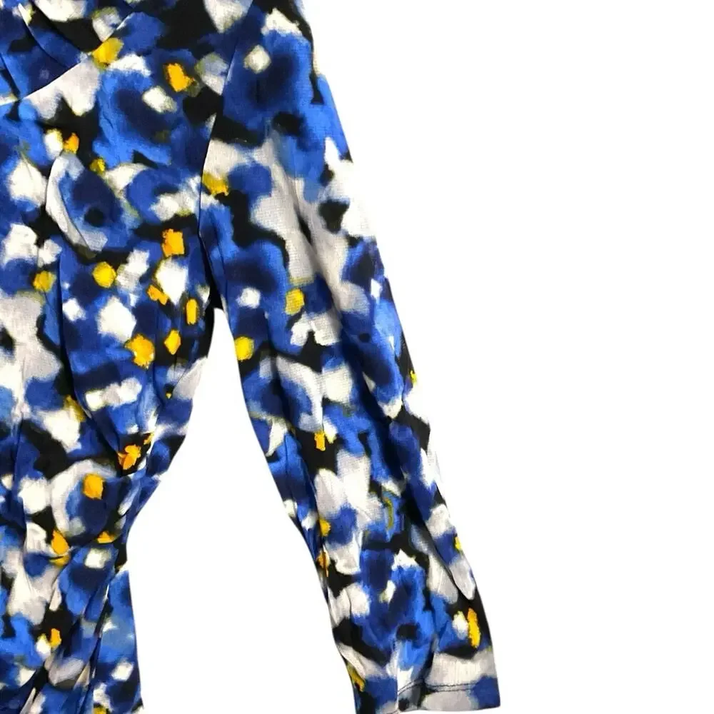 ALFANI Blue‎ Abstract Floral Print 3/4 Sleeve Tunic Blouse Sz L Pleated Neckline